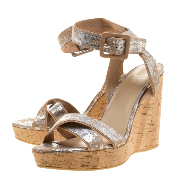 Pre Owned Stuart Weitzman Metallic Silver Embossed Suede Cross Strap Cork Wedge Sandals Size 40.5
