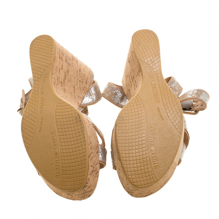 Pre Owned Stuart Weitzman Metallic Silver Embossed Suede Cross Strap Cork Wedge Sandals Size 40.5