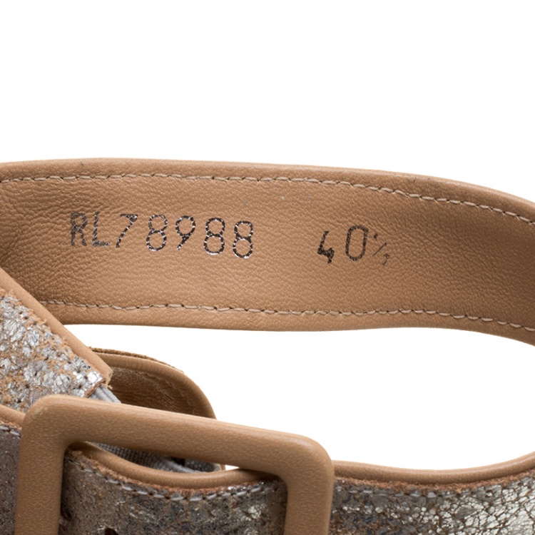 Pre Owned Stuart Weitzman Metallic Silver Embossed Suede Cross Strap Cork Wedge Sandals Size 40.5