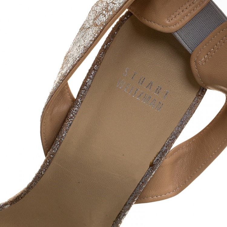 Pre Owned Stuart Weitzman Metallic Silver Embossed Suede Cross Strap Cork Wedge Sandals Size 40.5