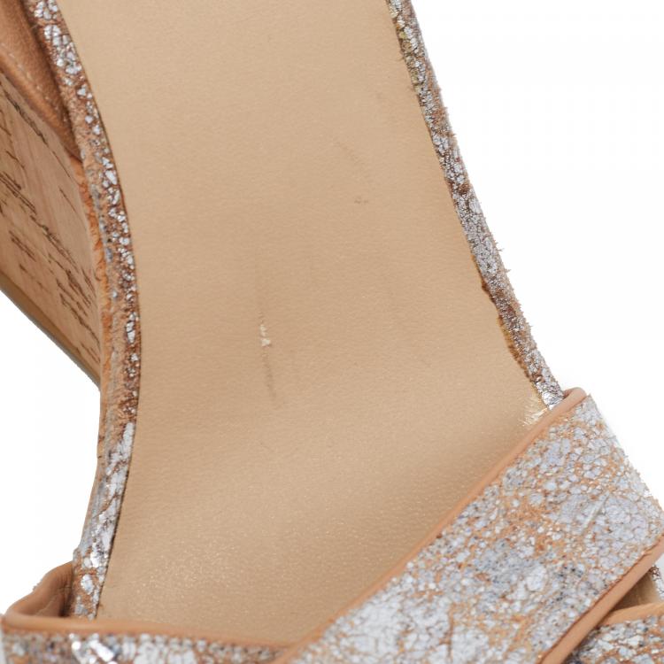 Pre Owned Stuart Weitzman Metallic Silver Embossed Suede Cross Strap Cork Wedge Sandals Size 40.5