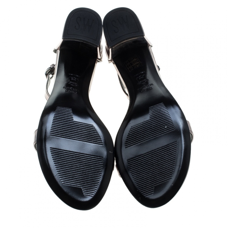 Pre Owned Stuart Weitzman Metallic Silver Leather Simple Chorus Ankle Strap Open Toe Sandals Size 39