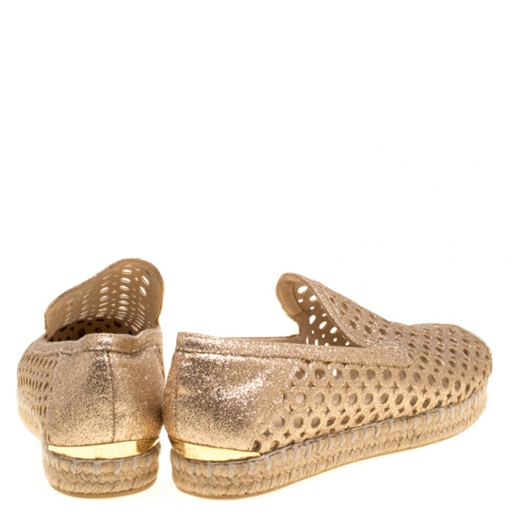 Pre Owned Stuart Weitzman Metallic Gold Glitter Laser Cut County Espadrilles Size 35