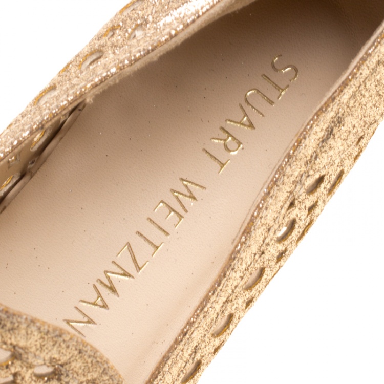Pre Owned Stuart Weitzman Metallic Gold Glitter Laser Cut County Espadrilles Size 35