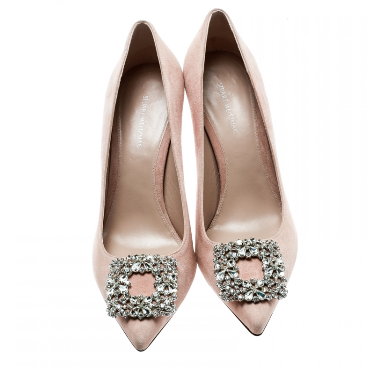 Pre Owned Stuart Weitzman Blush Pink Suede Crystal Embellished Pointed Toe Pumps Size 39