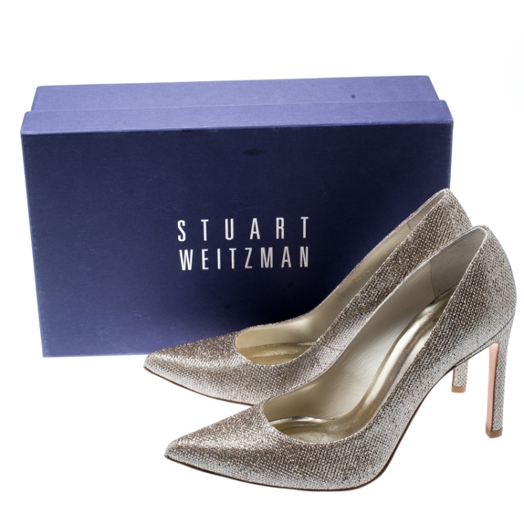 Pre Owned Stuart Weitzman Metallic Gold Glitter Pointed Toe Pumps Size 37.5