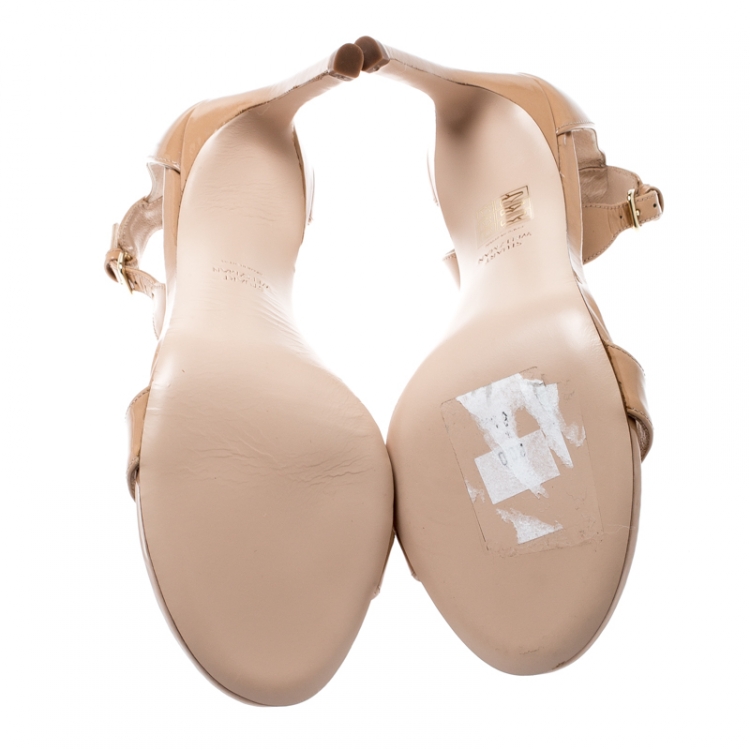 Pre Owned Stuart Weitzman Beige Patent Leather Ankle Strap Open Toe Sandals Size 38