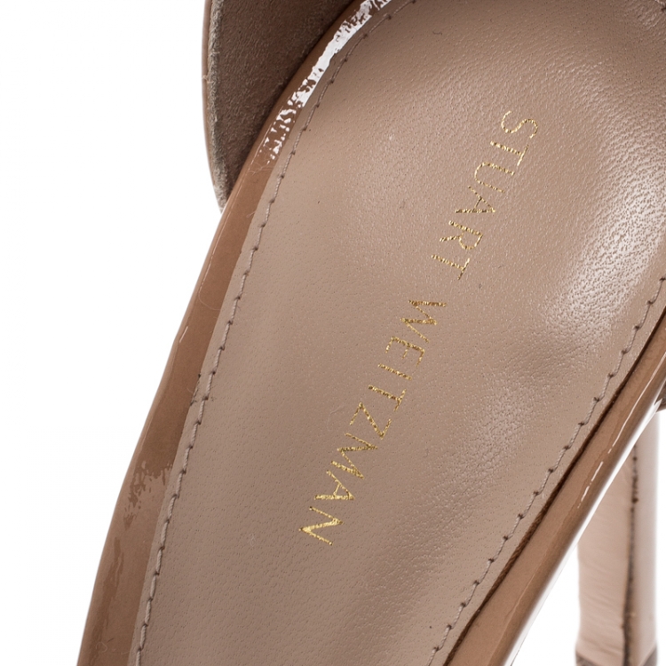 Pre Owned Stuart Weitzman Beige Patent Leather Ankle Strap Open Toe Sandals Size 38