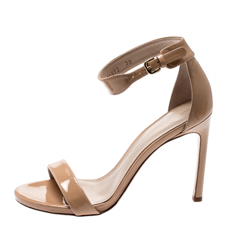 Pre Owned Stuart Weitzman Beige Patent Leather Ankle Strap Open Toe Sandals Size 38
