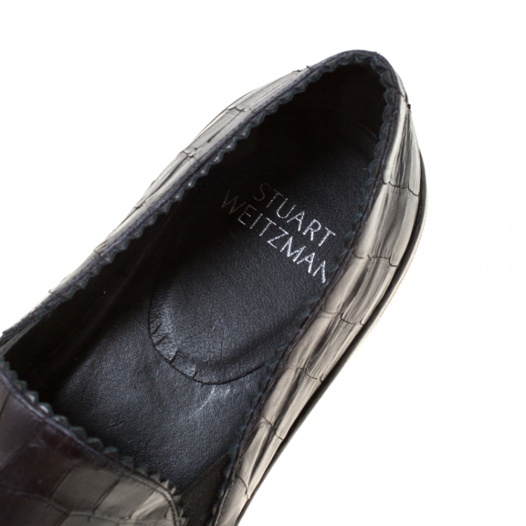 Pre Owned  Stuart Weitzman Black Croc Embossed Leather Nuggets Slip On Sneakers Size 38.5