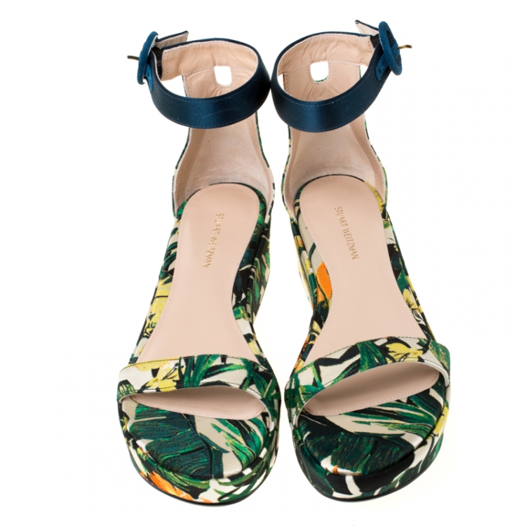 Pre Owned Stuart Weitzman Multicolor Botanic Jacquard Fabric Capri Ankle Strap Platform Sandals Size 38