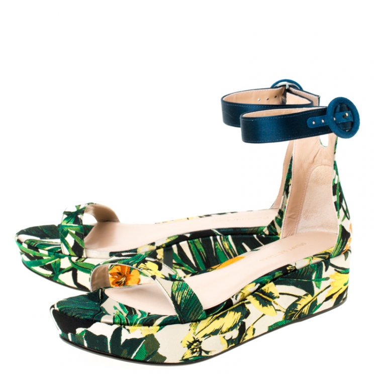 Pre Owned Stuart Weitzman Multicolor Botanic Jacquard Fabric Capri Ankle Strap Platform Sandals Size 38