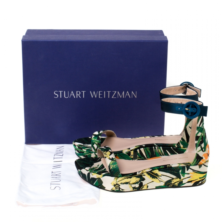 Pre Owned Stuart Weitzman Multicolor Botanic Jacquard Fabric Capri Ankle Strap Platform Sandals Size 38