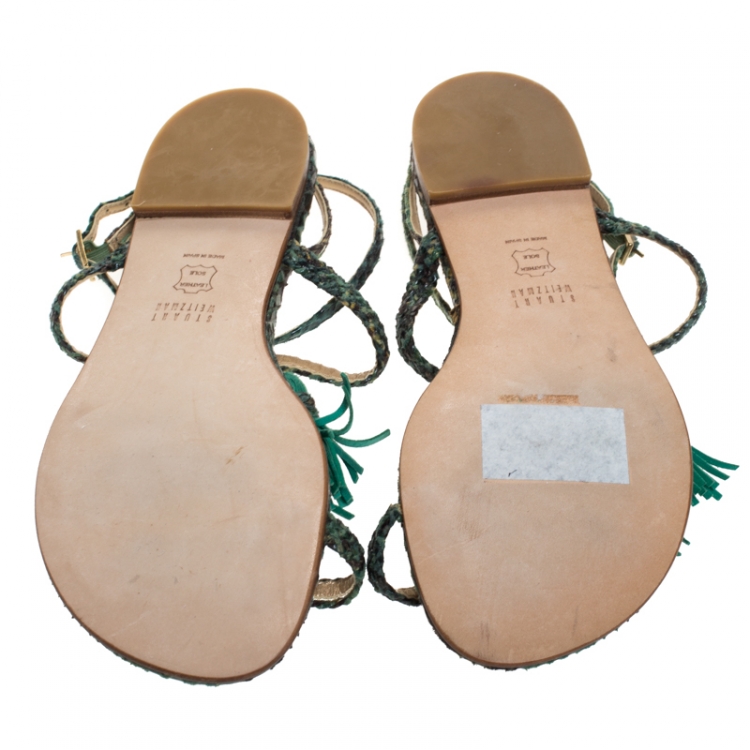Pre Owned Stuart Weitzman Two Tone Python Embossed Leather Tassel Detail Strappy Flat Sandals Size 38