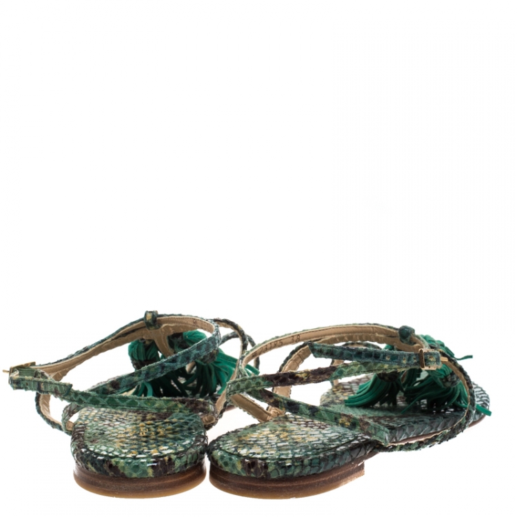 Pre Owned Stuart Weitzman Two Tone Python Embossed Leather Tassel Detail Strappy Flat Sandals Size 38