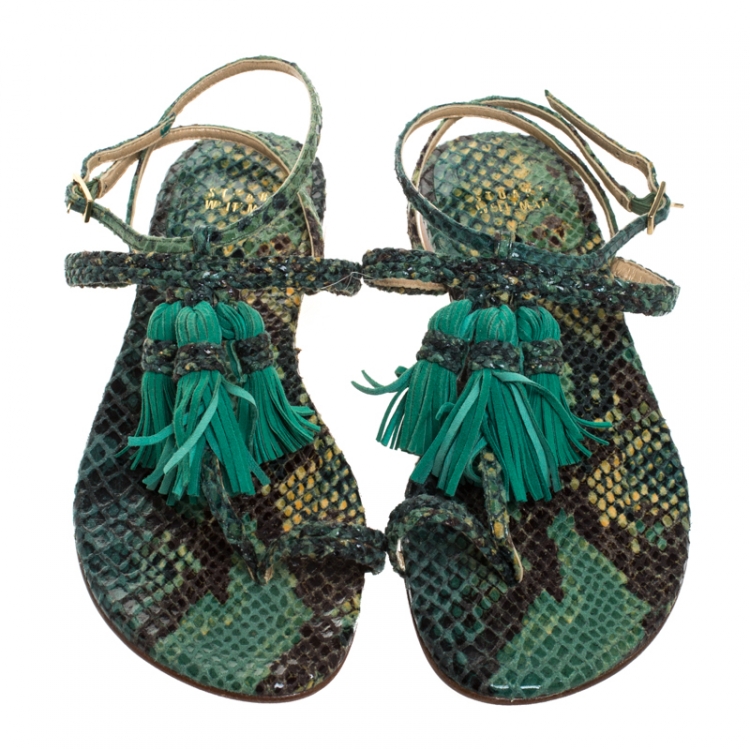 Pre Owned Stuart Weitzman Two Tone Python Embossed Leather Tassel Detail Strappy Flat Sandals Size 38