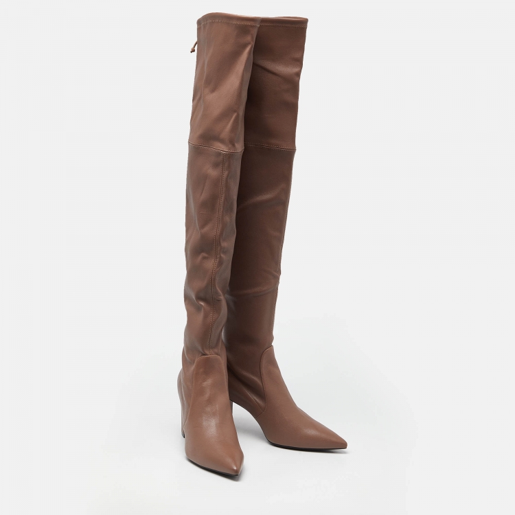 Pre Owned Stuart Weitzman Brown Leather Over The Knee Length Pointed Toe Boots Size 40