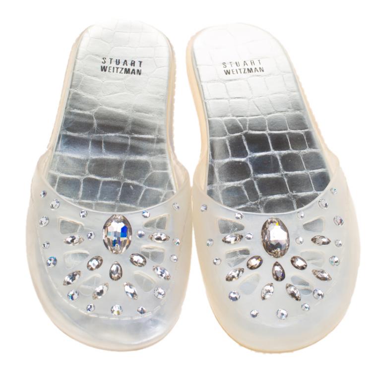 Pre Owned Stuart Weitzman Crystal Embellished Jelly Flat Slides Size 38