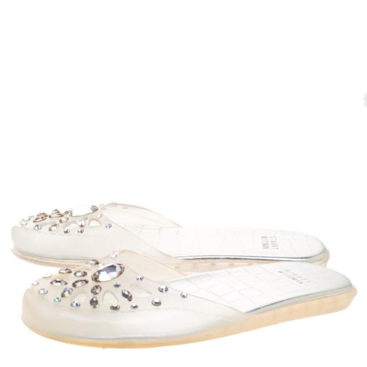 Pre Owned Stuart Weitzman Crystal Embellished Jelly Flat Slides Size 38