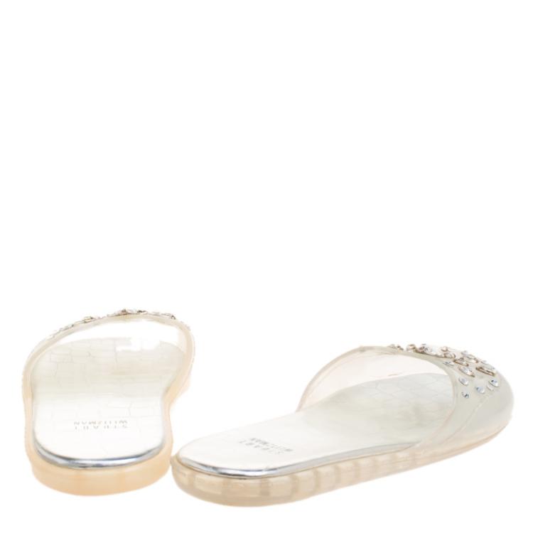 Pre Owned Stuart Weitzman Crystal Embellished Jelly Flat Slides Size 38