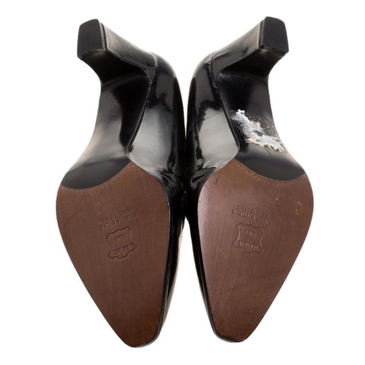 Pre Owned Stuart Weitzman Monochrome Brogue Leather Block Heel Loafer Pumps Size 38.5