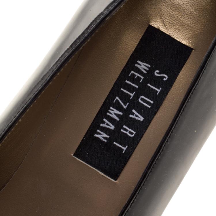 Pre Owned Stuart Weitzman Monochrome Brogue Leather Block Heel Loafer Pumps Size 38.5