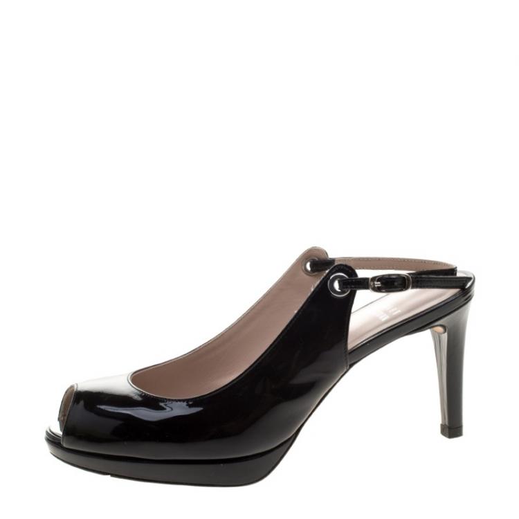 Pre Owned Stuart Weitzman Black Patent Leather Peep Toe Slingback Sandals Size 39