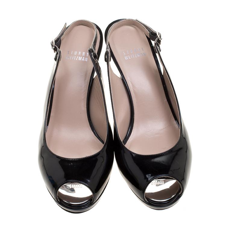 Pre Owned Stuart Weitzman Black Patent Leather Peep Toe Slingback Sandals Size 39