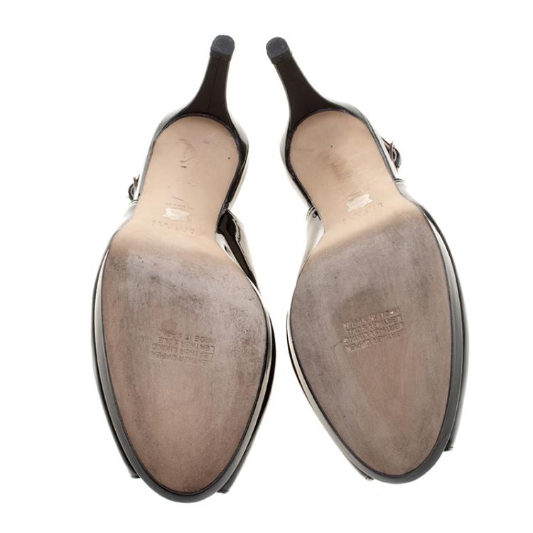 Pre Owned Stuart Weitzman Black Patent Leather Peep Toe Slingback Sandals Size 39