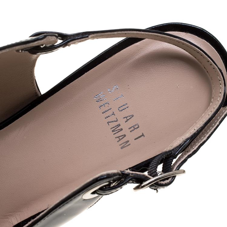 Pre Owned Stuart Weitzman Black Patent Leather Peep Toe Slingback Sandals Size 39