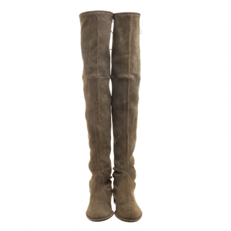 Pre Owned Stuart Weitzman Khaki Suede Over The Knee Boots Size 40