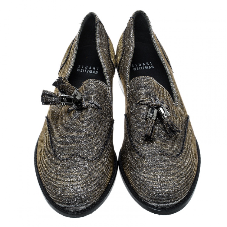 Pre Owned Stuart Weitzman Silver Glitters Tassel Smoking Slipper Size 37