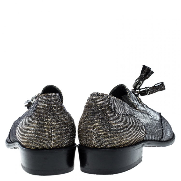 Pre Owned Stuart Weitzman Silver Glitters Tassel Smoking Slipper Size 37