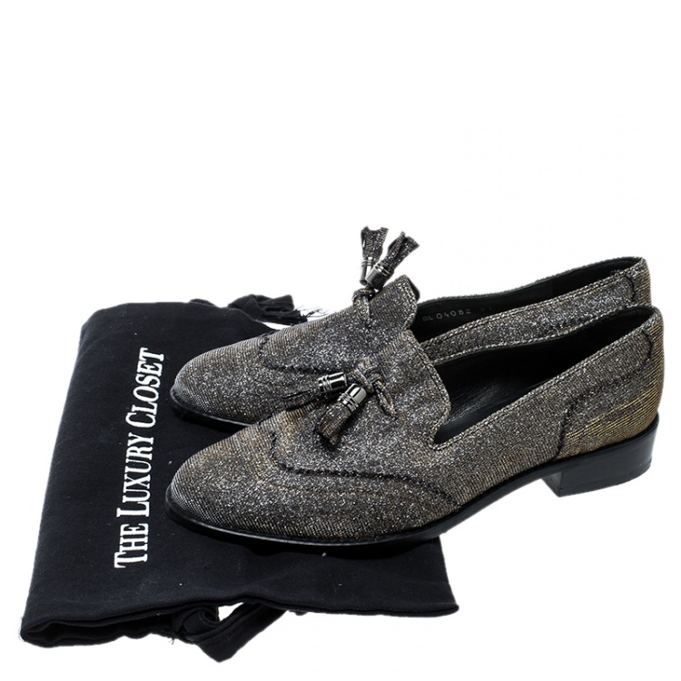 Pre Owned Stuart Weitzman Silver Glitters Tassel Smoking Slipper Size 37