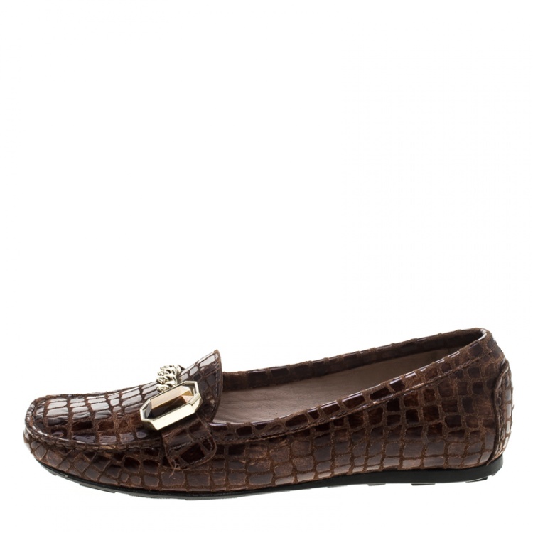 Pre Owned Stuart Weitzman Brown Croc Embossed Suede and Leather Crystal Embellished Loafers Size 36