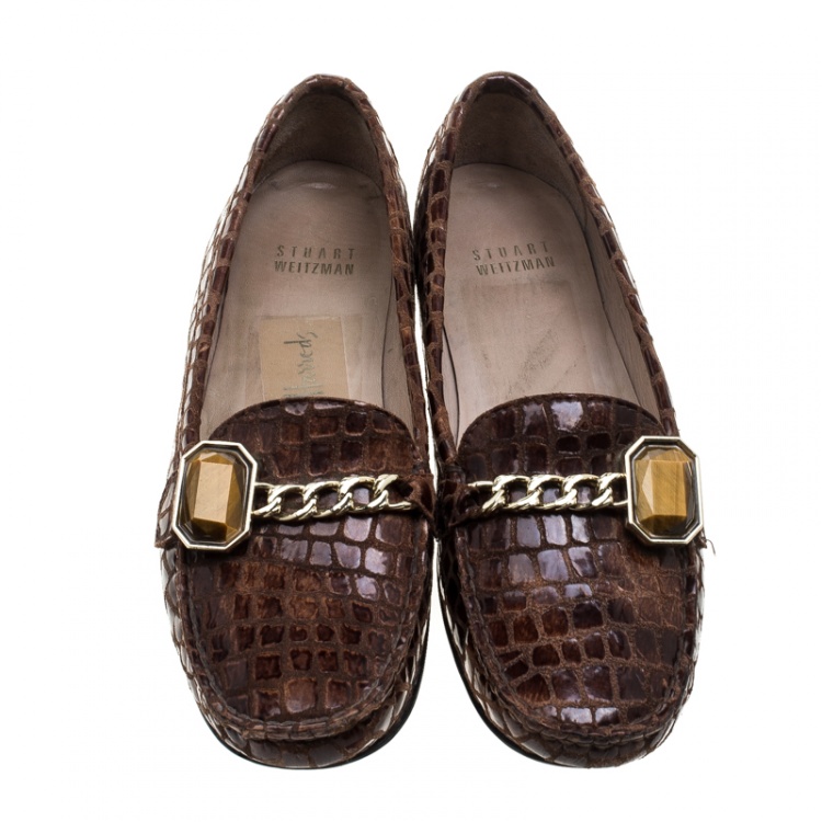 Pre Owned Stuart Weitzman Brown Croc Embossed Suede and Leather Crystal Embellished Loafers Size 36