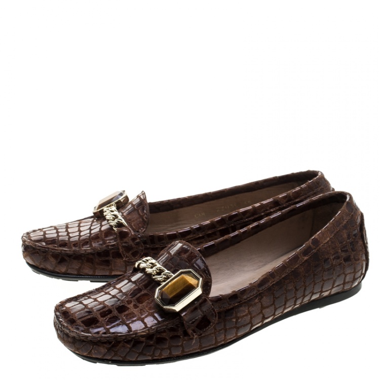 Pre Owned Stuart Weitzman Brown Croc Embossed Suede and Leather Crystal Embellished Loafers Size 36