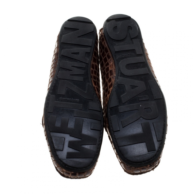Pre Owned Stuart Weitzman Brown Croc Embossed Suede and Leather Crystal Embellished Loafers Size 36