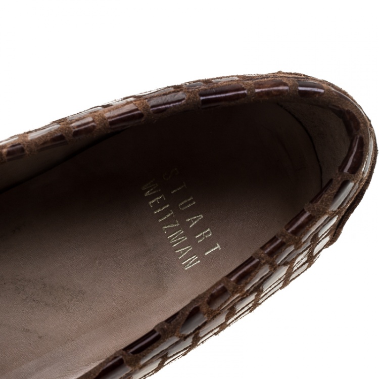 Pre Owned Stuart Weitzman Brown Croc Embossed Suede and Leather Crystal Embellished Loafers Size 36