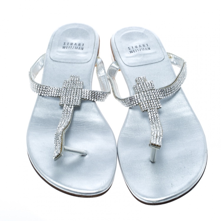 Pre Owned Stuart Weitzman Silver Leather Vanity Crystal Encrusted T Strap Flat Sandals Size 39.5