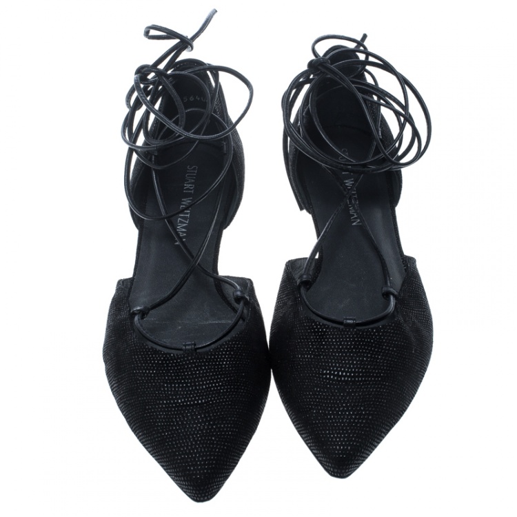 Pre Owned Stuart Weitzman Black Pyrite Fabric Giligan Lace Up Ballet Flats Size 40.5