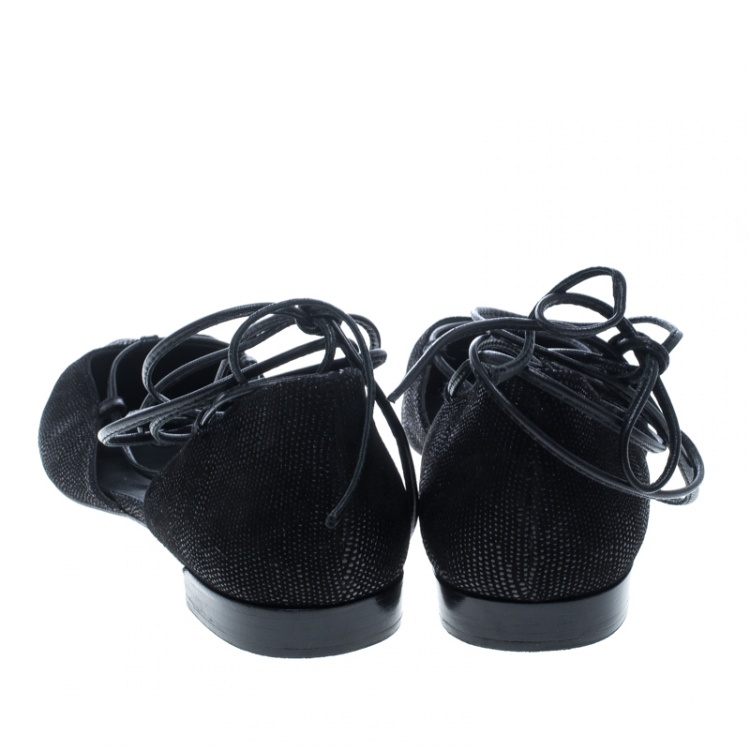 Pre Owned Stuart Weitzman Black Pyrite Fabric Giligan Lace Up Ballet Flats Size 40.5