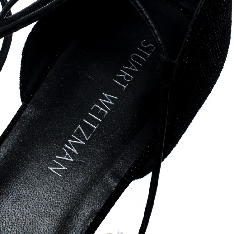 Pre Owned Stuart Weitzman Black Pyrite Fabric Giligan Lace Up Ballet Flats Size 40.5