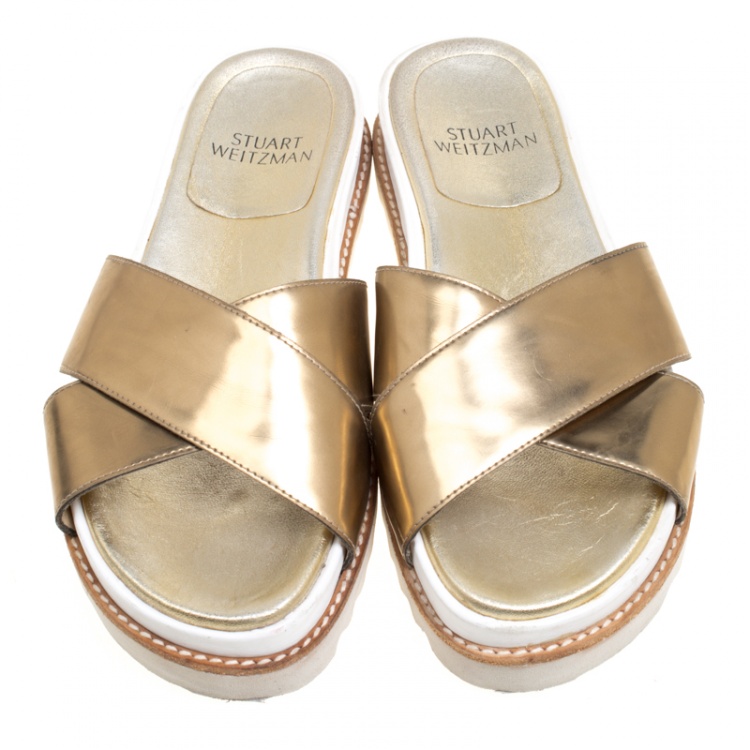 Pre Owned Stuart Weitzman Metallic Gold Leather Crisscross Slides Sandals Size 37
