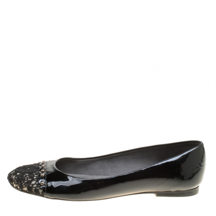 Pre Owned Stuart Weitzman Black Patent Leather Lace Cap Toe Ballet Flats Size 37