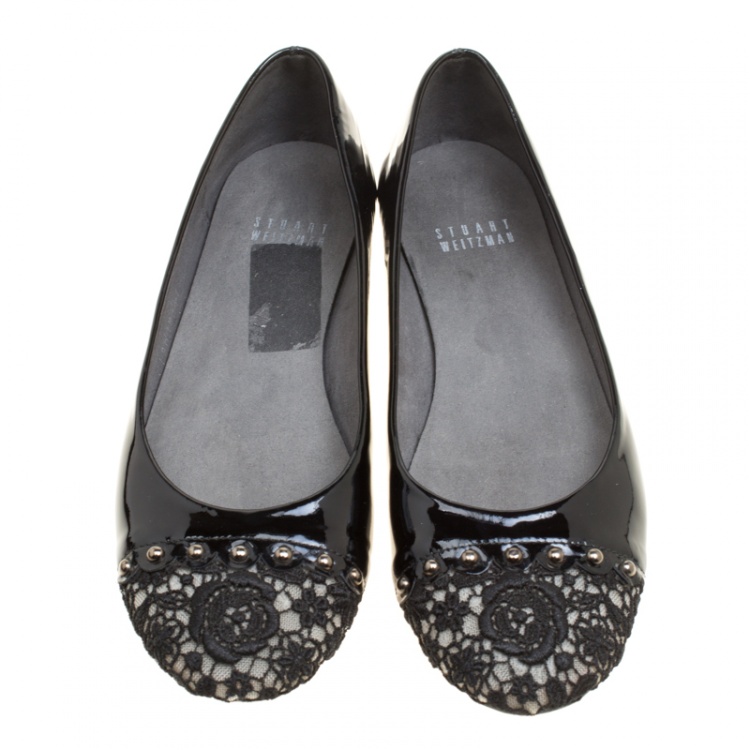 Pre Owned Stuart Weitzman Black Patent Leather Lace Cap Toe Ballet Flats Size 37
