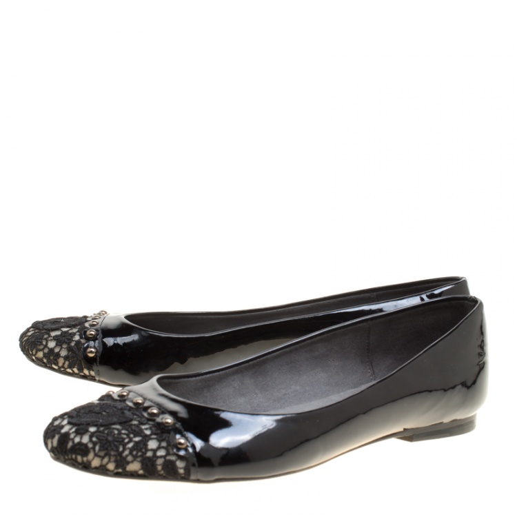 Pre Owned Stuart Weitzman Black Patent Leather Lace Cap Toe Ballet Flats Size 37