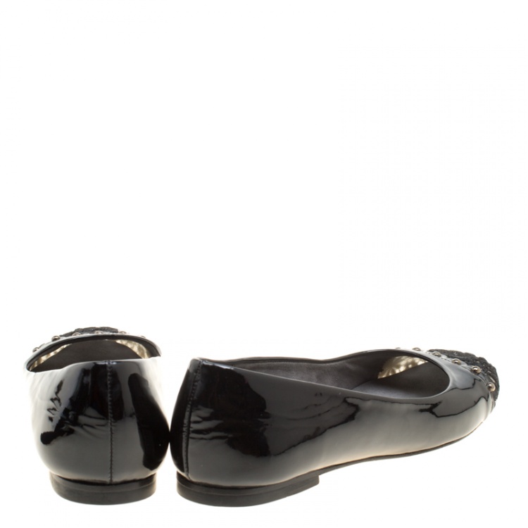 Pre Owned Stuart Weitzman Black Patent Leather Lace Cap Toe Ballet Flats Size 37