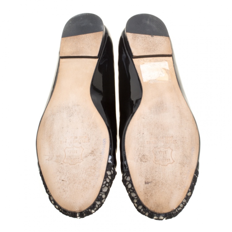 Pre Owned Stuart Weitzman Black Patent Leather Lace Cap Toe Ballet Flats Size 37