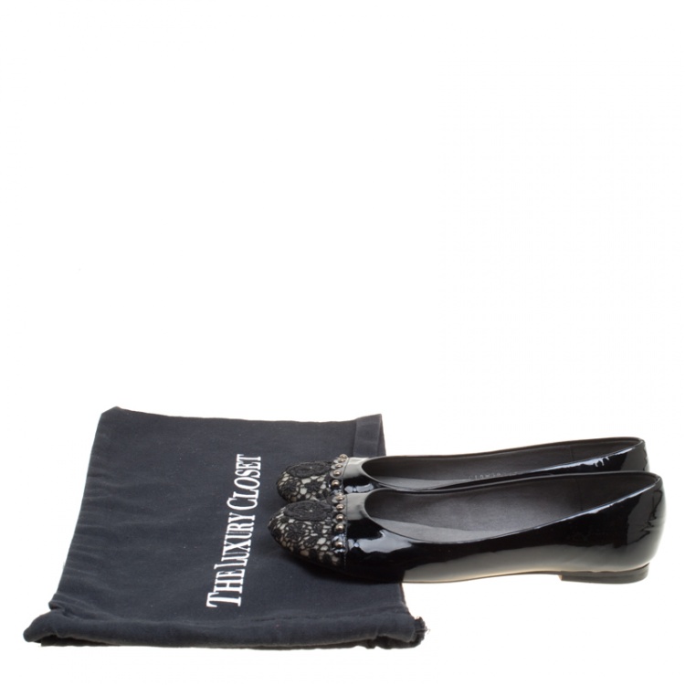 Pre Owned Stuart Weitzman Black Patent Leather Lace Cap Toe Ballet Flats Size 37